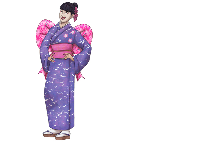 She always wore a kimono with a bright bow (akimbo) and walks around with her hands on her hips.