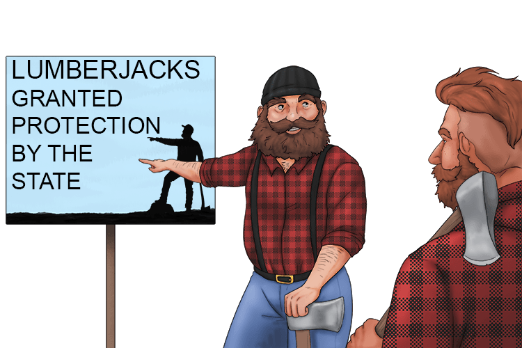 A sign said that lumberjack (asylum) refugees would be granted protection by the state.