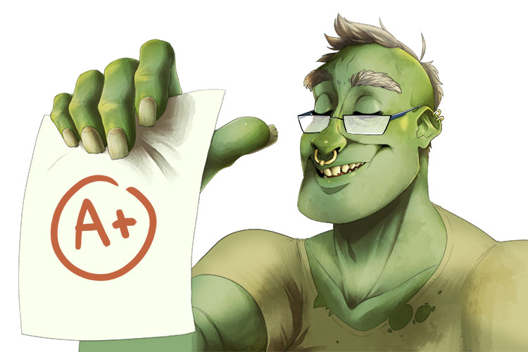The ogre never failed (Au fait) an exam. He had a detailed knowledge of many subjects