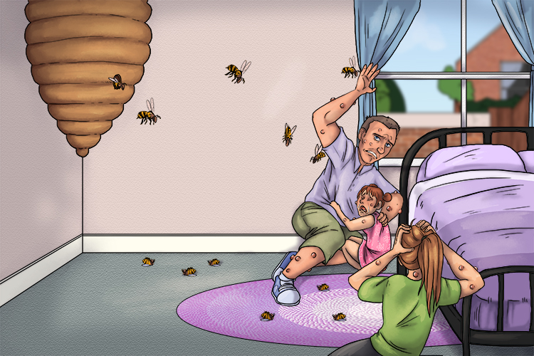 The bees' latest setup (beset) was not good. The family were having a lot of trouble. Then the bees set upon the family and covered them in stings.