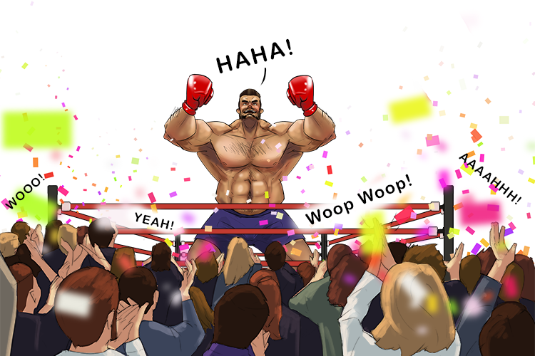 The brute laughed "Haha!" (brouhaha) and the crowd around the boxing ring became noisy and overexcited