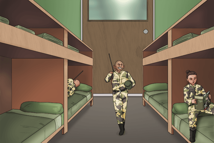 Through the large door, the military (dormitory) were lead into a large bedroom for all of them.
