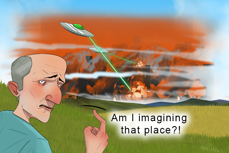 In the distance, over the hills, there appears (dystopia) to be a place where everything is extremely bad and unpleasant, but I must be imagining it