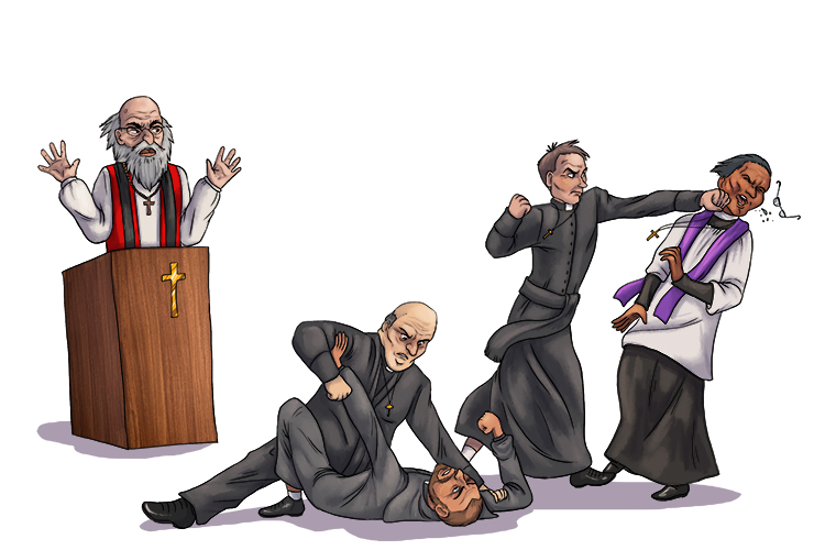 Heck, you men! (Ecumenical) Remember you represent the Christian church - please bring unity.