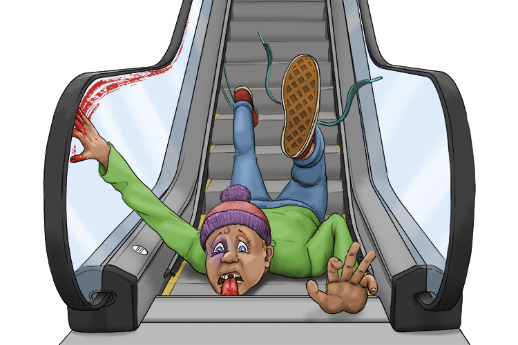 While on the escalator, she tripped up and needed first aid (escapade) because she messed about, having a reckless adventure.
