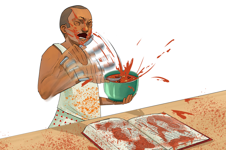 He made a mess as he gobbled a deep bowl of goulash, spilling it on his book (gobbledygook). After that the words were meaningless and unintelligible