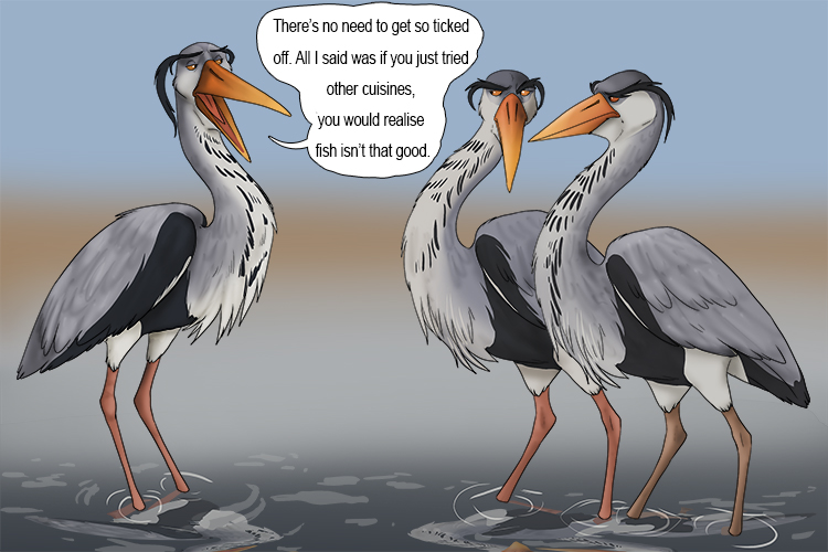 The heron ticked (heretic) everyone off for disagreeing with the popular opinions and beliefs.