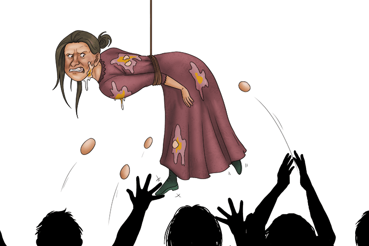 They hoisted the person who purloined (hoi polloi) up into the air so all the ordinary people could throw rotten eggs at her.
