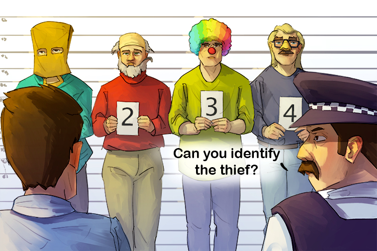 In you go and see if you can recognize the thief, the police need to know (incognito), but everyone in the line up is in disguise – they have changed their appearance.