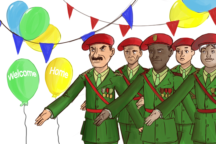 In the veterans state (inveterate), they welcomed them home in the long-established way that was their habit, with balloons, bunting and a party.