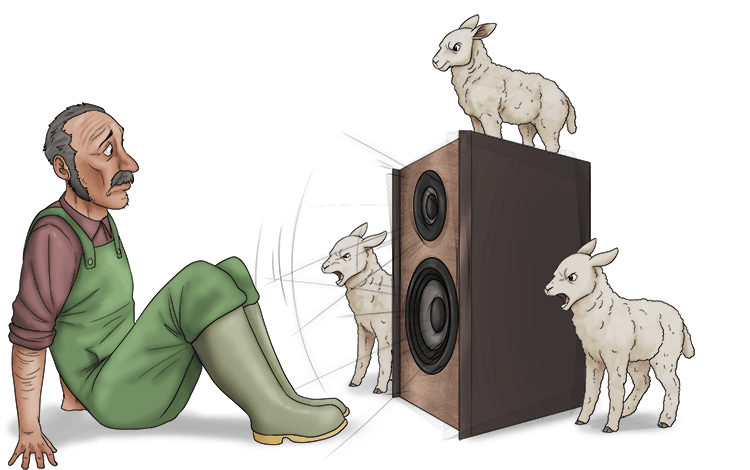 The lambs used speakers to blast (lambast) severe criticism at the farmer.