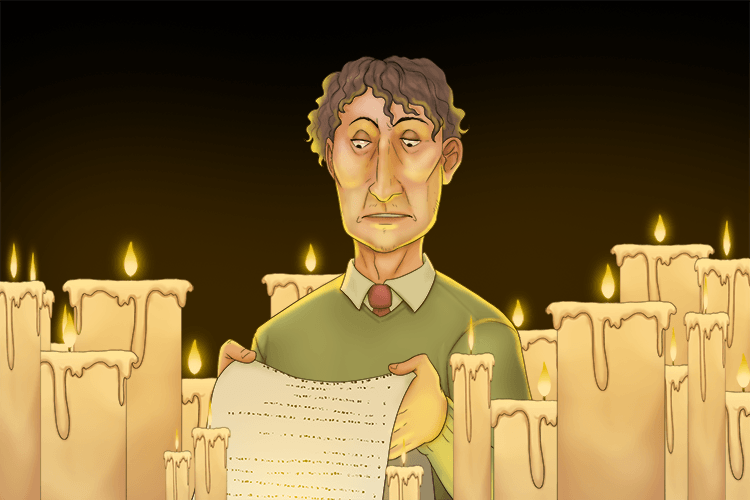 Lit by many (litany) candles, he read out his long, repetitive list of grievances.