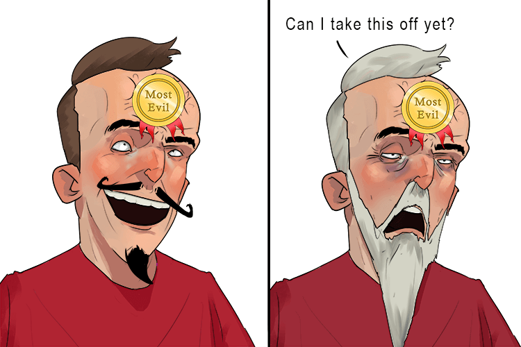 A medal he had for being evil (medieval) was placed in the middle of his forehead, and he had to keep it on for ages (middle ages)