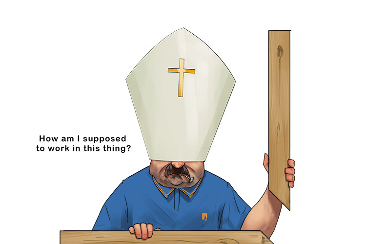 It was my turn (mitre) to wear the bishop's hat, but it was awkward to wear while making a joint between two pieces of wood at a ninety degree angle