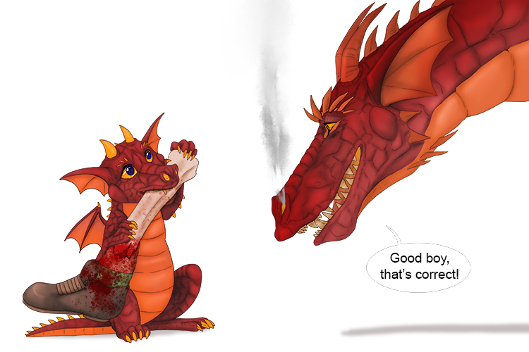 He's watched the other dragons gnaw and munch their captives (normative), so the younger dragon considered it to be the standard of correct behaviour. 