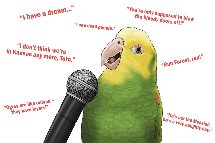 The parrot had a huge body (parody) of one-liners that imitated many different famous people.