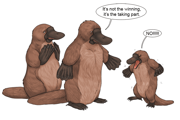 The platypus had a bad attitude (platitude) after losing. Her parents used a common moral statement to calm her down, but it only made her angrier.