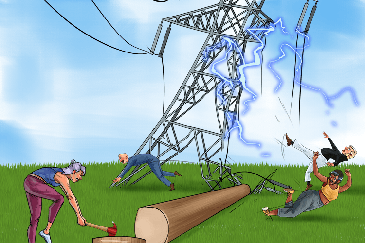 The pole was axed (poleaxe) down. It fell through the electric pylon causing shocks and then hit the ground so hard it caused everyone to fall down