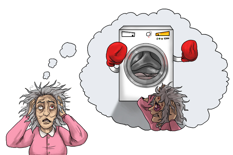 The psycho's automatic (psychosomatic) washing machine kept hitting her and causing physical pain, or so she thought.
