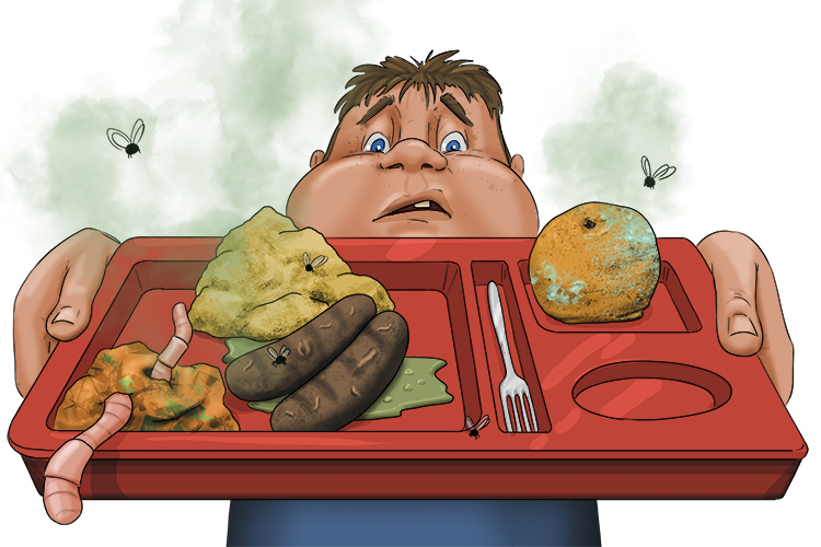 The pupil got rid (putrid) of his school dinner because it was decaying and smelt rotten.