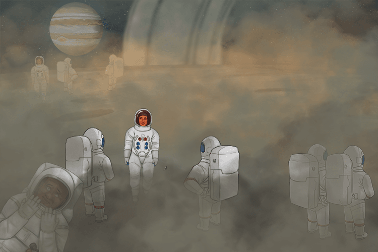 On Saturn, nine (saturnine) astronauts landed. They found it a very gloomy place.