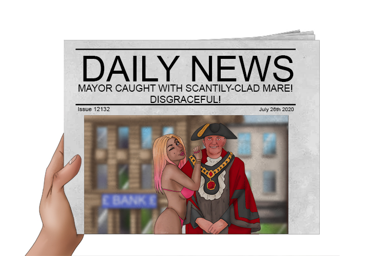 A scantily-clad model (scandal) was photographed with the city mayor. The newspapers reported it as a disgraceful act and it caused public outrage.