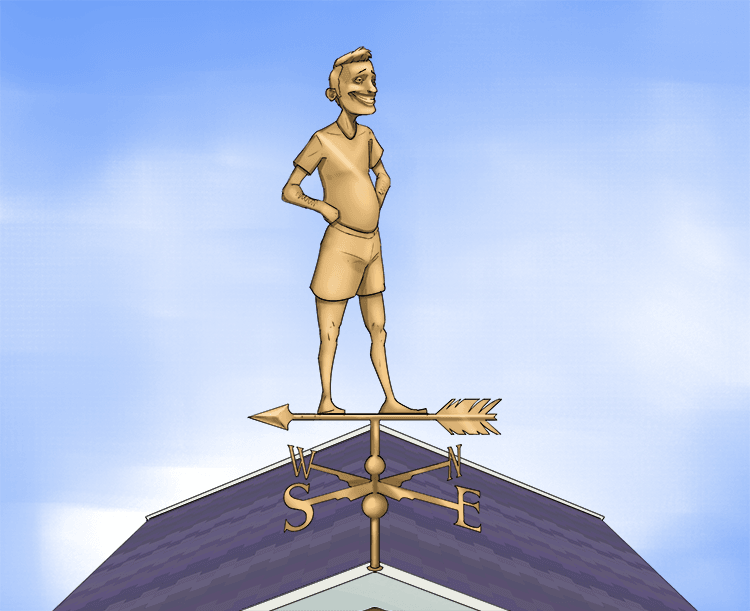 The weather vane was glorious (vainglorious), it had an excessively proud person on the top