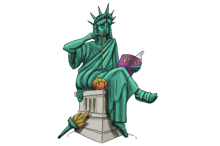 In New York, the Statue of Liberty eats noodles and reads vogue (nouveau).