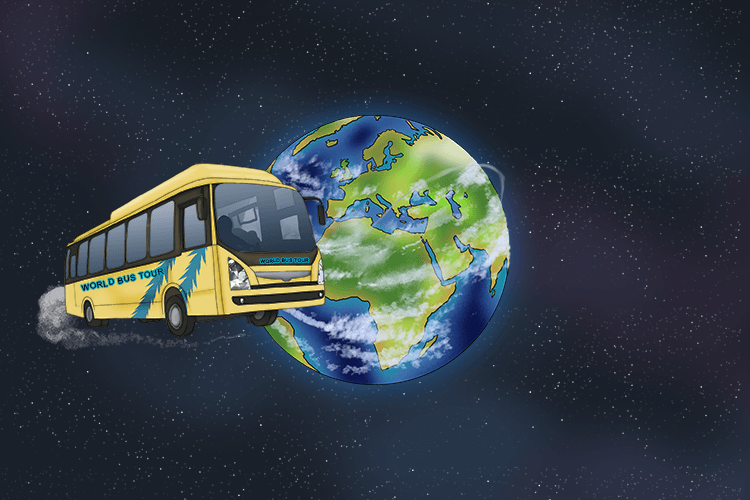 Around the world, we orbited on a tour (autour) bus.