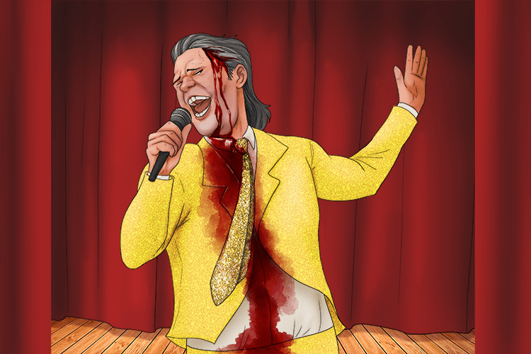 Despite the blood pouring from the cut, he stlll finished his song (suwn).