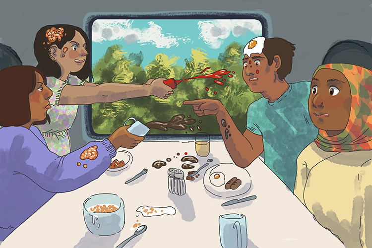 They were having breakfast on the train – but they had a petty argument on the journey (petit-déjeuner).