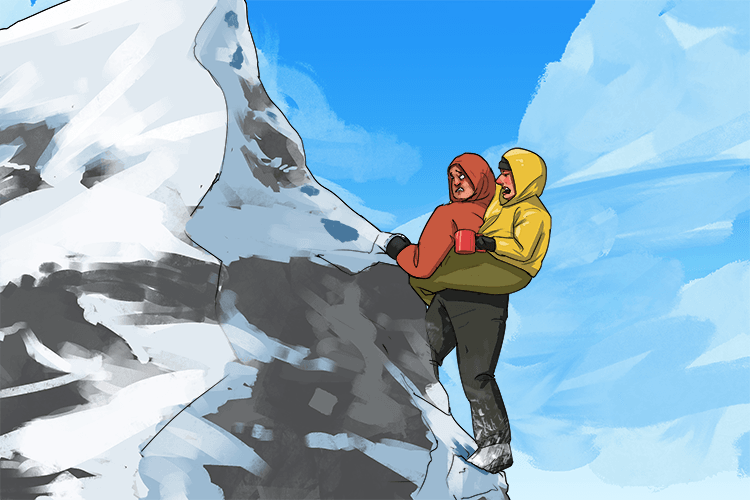 I climbed down the mountain with a person on my back (en bas)