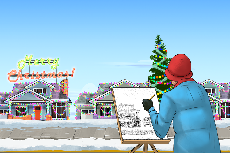 I draw the Christmas decorations that I see in the neighbourhood (dessiner)