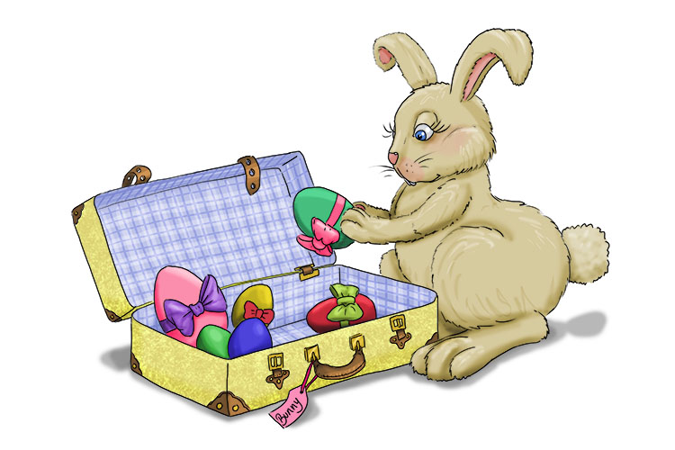 The Easter bunny packed (pâques) her suitcase with Easter eggs.