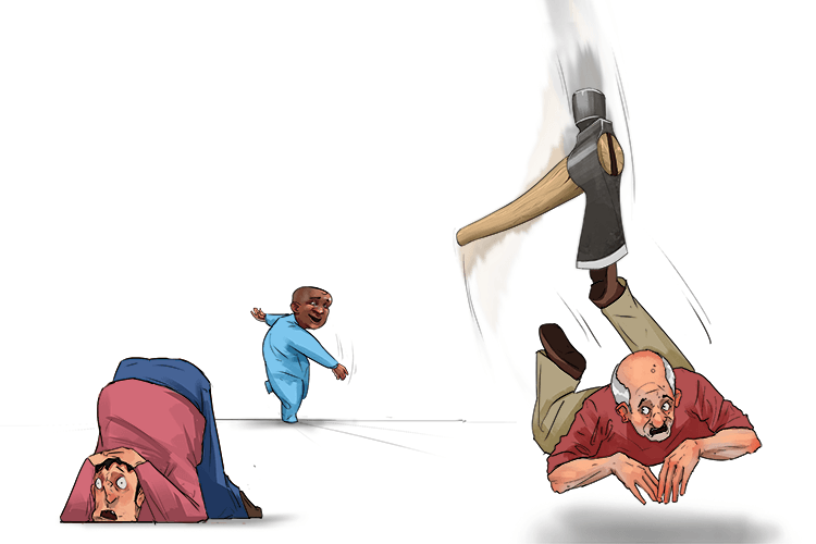 Everyone falls to the ground when tomahawks are thrown by babies (tomber)