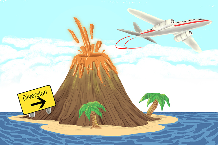 The flight was diverted around the erupting volcano (vol).