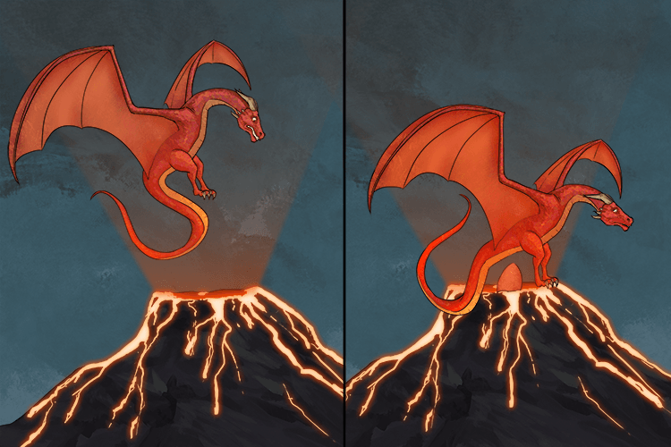 She plans to fly on to the volcano and lay (voler) some eggs