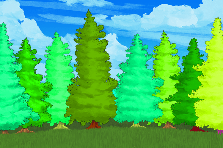 The green trees were various (vert) shades of green