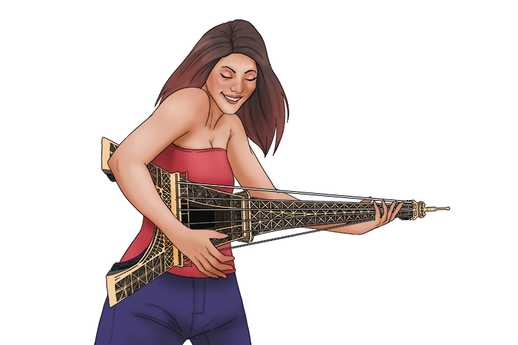 Her guitar (guitare) is shaped like the Eiffel Tower.