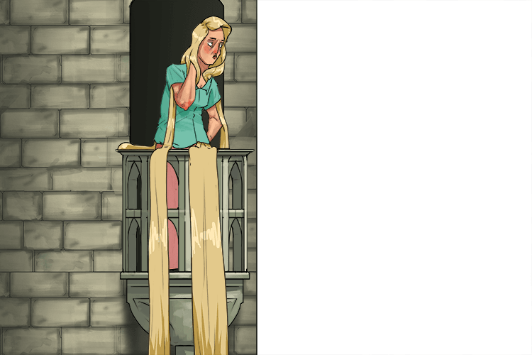 Rapunzel's hair went down her shirt and over (cheveux) the balcony