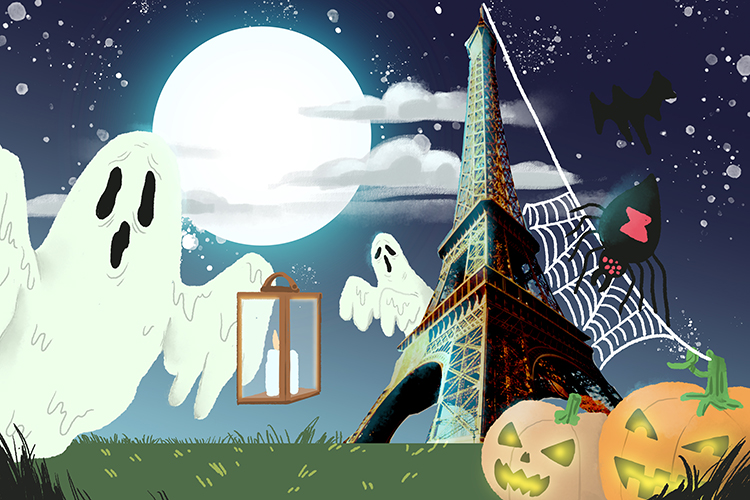 The Halloween pumpkins and moonlight made the Eiffel Tower look spooky.