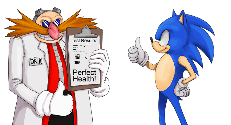 He was found to be in perfect health when Sonic the Hedgehog was taken (santé) to the doctors.