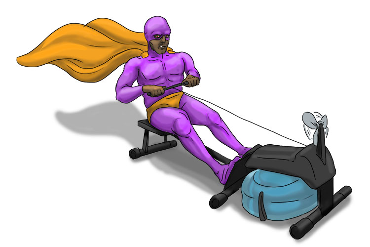 The hero used a rowing (héros) machine to stay in shape.