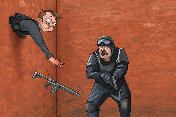 Through the hole in the wall, the troops (trou) entered