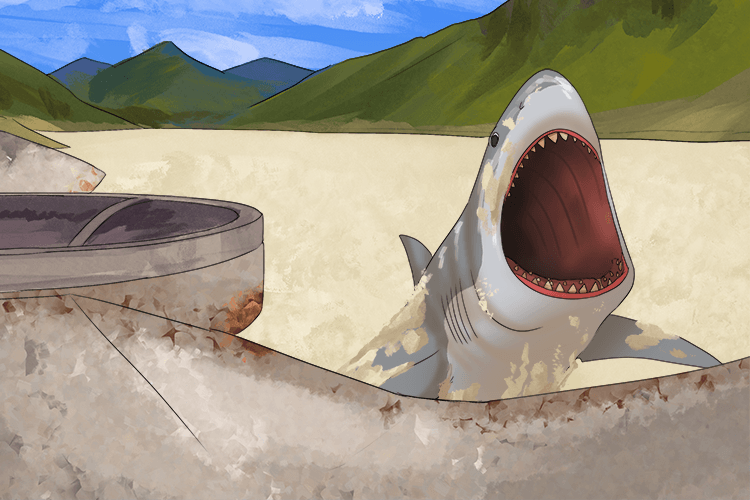 Jaws the shark emerged from the mashed potato reservoir (mâchoire).