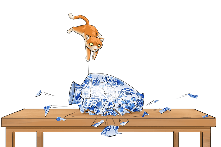 The kitten shattered the ornament on (chaton) the table