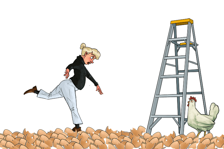 To get to the ladder she had to walk over egg shells (échelle)