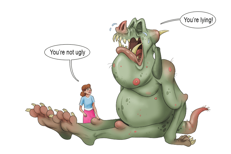 She lied to the monster which brought it to tears (mentir).