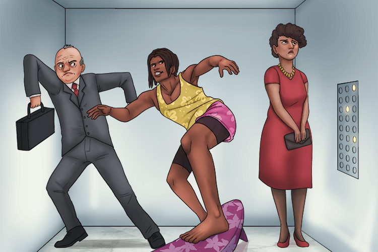 I get in the lift and ascend on my surfboard (l'ascenseur).