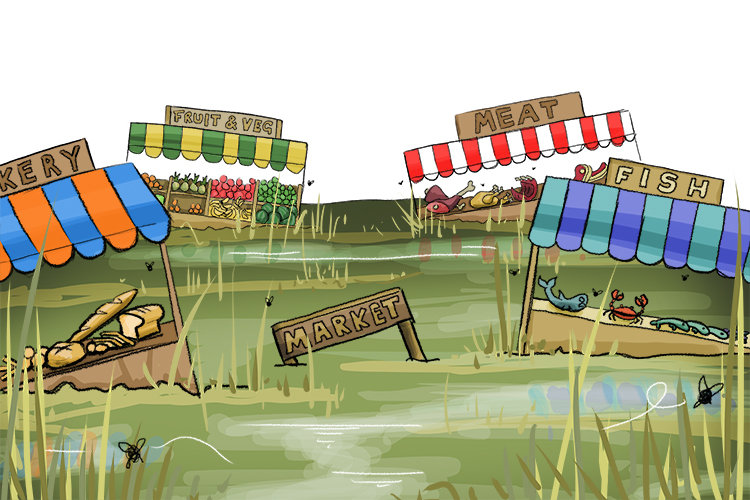The site of the market was very marshy (marché) and the stalls began to sink.